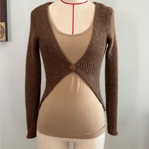 Artisan Knit Brown Cropped Cardigan - coconut button, fitted rib soft alpaca